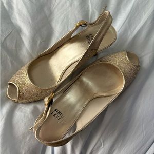 Stuart Weitzman gold glitter open toe heels